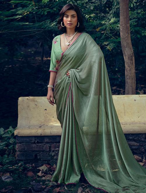 olive solid plain saree with blouse - 20034613 - Very Small Image - 1