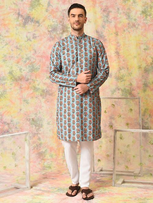 purist blue floral kurta pyjama set - 20035300 - Very Small Image - 1