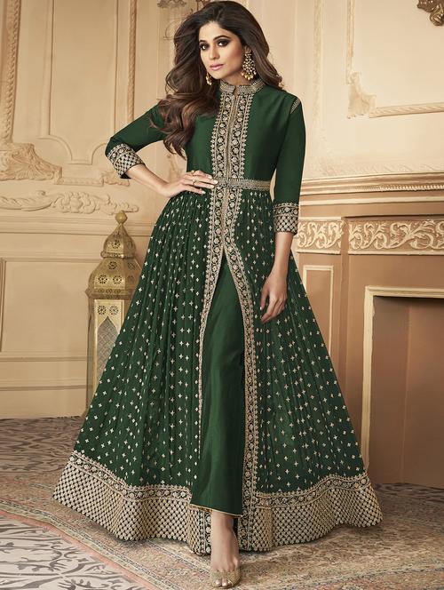 mandarin neck a-line semi-stitched suit - 20038659 - Very Small Image - 1