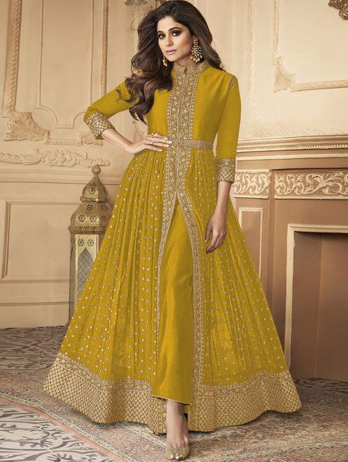 yellow embroidered semi-stitched suit - 20038664 - Very Small Image - 1