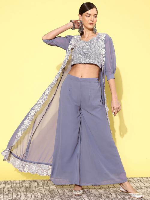 sequined top bottom fusion set with shrug - 20038672 - Very Small Image - 1