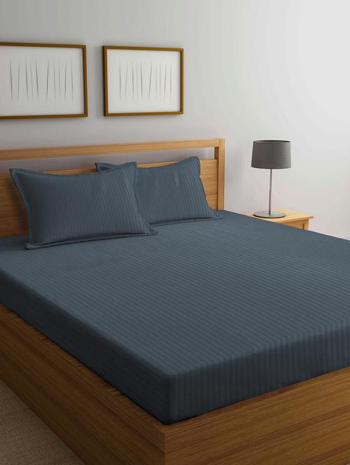 fabinaliv dark grey striped 300 tc cotton blend super king size double bedsheet with 2 pillow covers - 20039166 - Very Small Image - 1