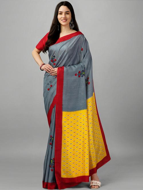grey silk blend ikkat saree with blouse - 20039554 - Very Small Image - 1