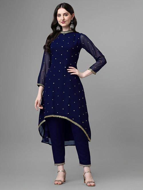 mandarin neck self design asymmetrical kurta - 20039733 - Very Small Image - 1