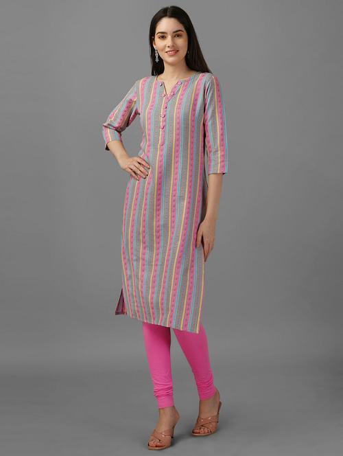 notch neck striped straight kurta - 20039743 - Very Small Image - 1