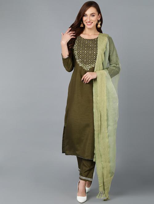 olive green kurta pant set - 20045242 - Very Small Image - 1