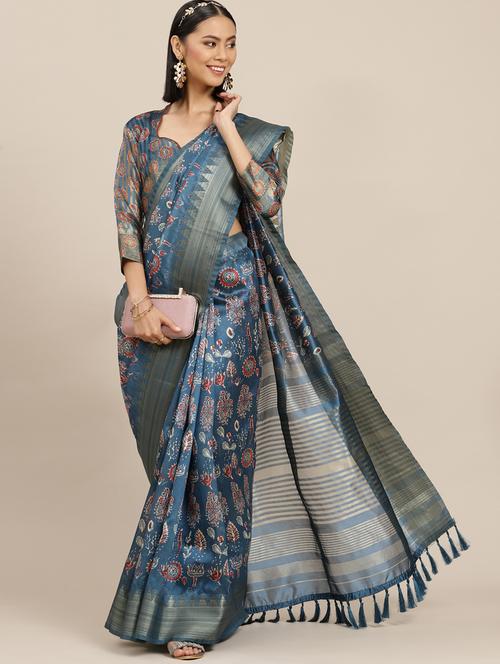 blue ajrakh printed saree with blouse - 20045861 - Very Small Image - 1