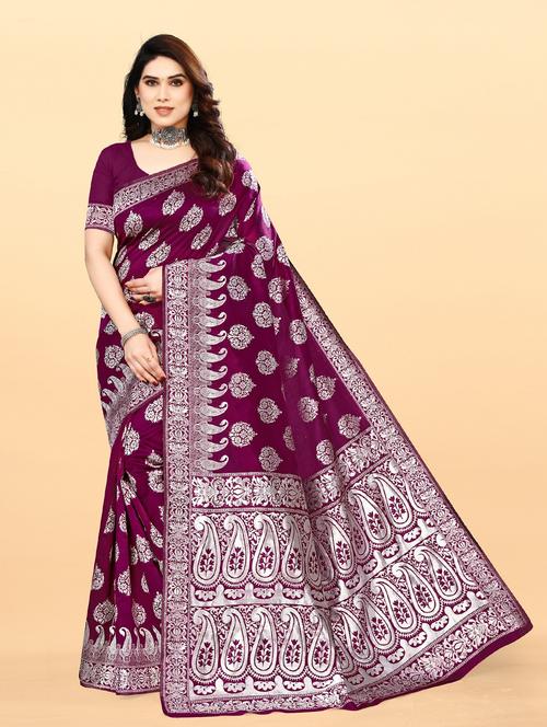 burgundy woven saree with blouse - 20046315 - Very Small Image - 1