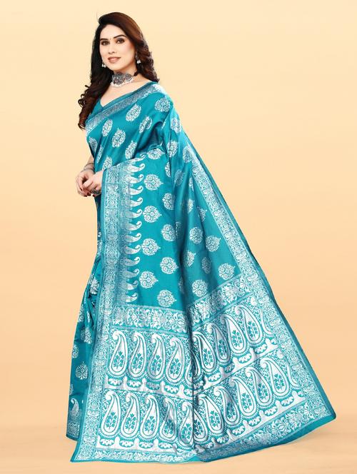 turquoise self design woven saree with blouse - 20046322 - Very Small Image - 1