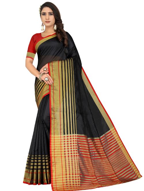 black cotton blend saree with blouse - 20046454 - Very Small Image - 1