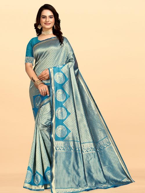 blue self design kanjivaram saree - 20046562 - Very Small Image - 1