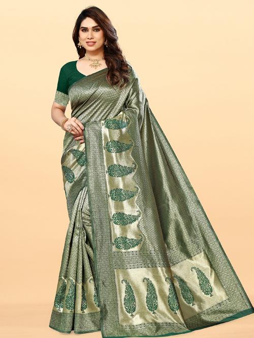 green jacquard banarasi saree with blouse - 20046615 - Very Small Image - 1