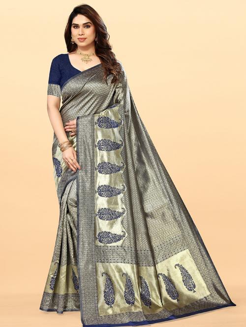 blue banarasi saree with blouse - 20046617 - Very Small Image - 1