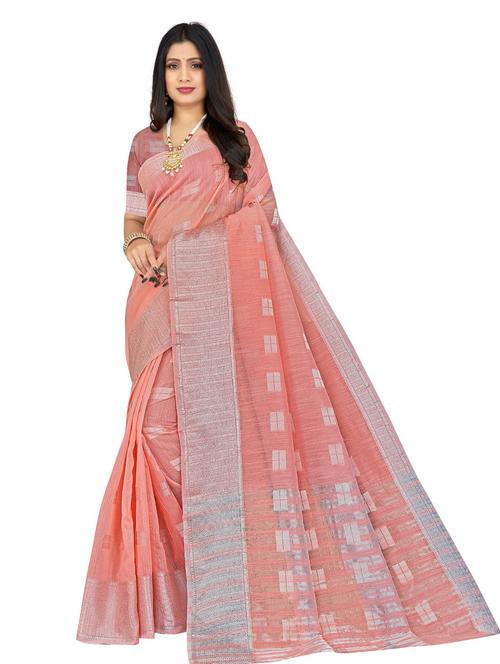 peach self design woven saree with blouse - 20046627 - Very Small Image - 1