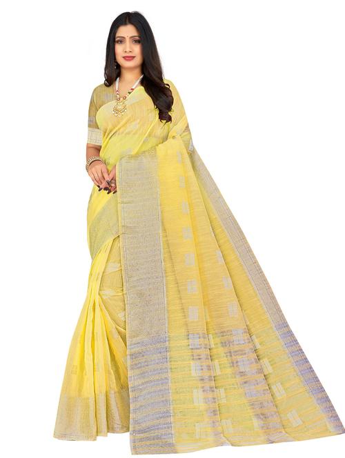 yellow self design woven saree with blouse - 20046630 - Very Small Image - 1