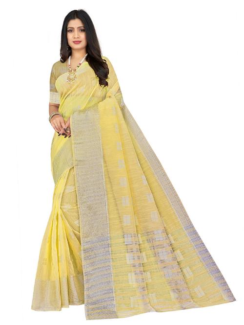 yellow self design woven saree with blouse - 20046635 - Very Small Image - 1