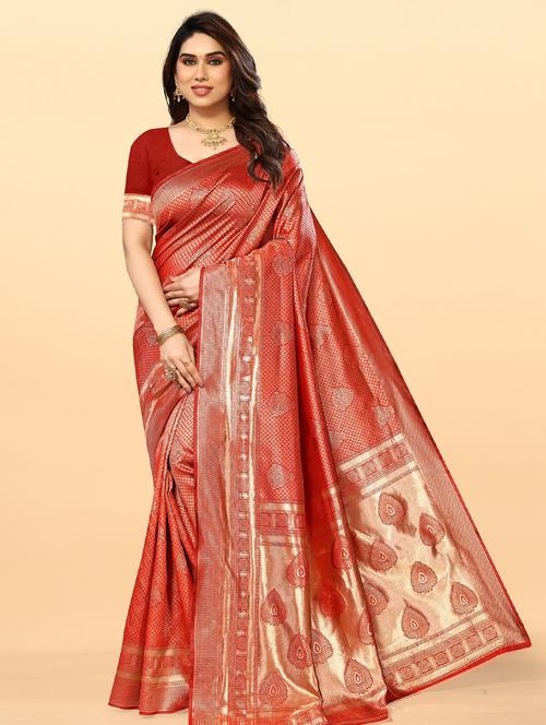 red self design woven saree with blouse - 20046639 - Very Small Image - 1