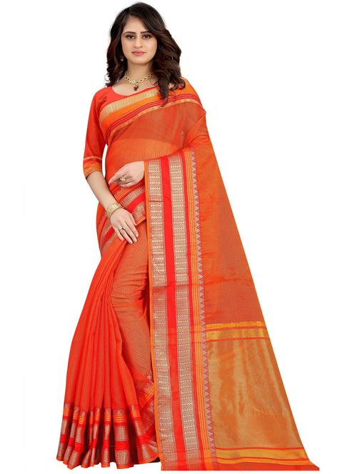orange solid with border kota doria saree - 20046679 - Very Small Image - 1