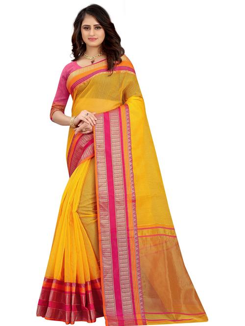 yellow solid with border woven saree with blouse - 20046681 - Very Small Image - 1