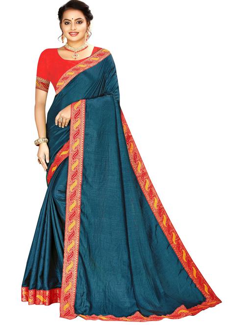 teal solid with border woven saree with blouse - 20046707 - Very Small Image - 1