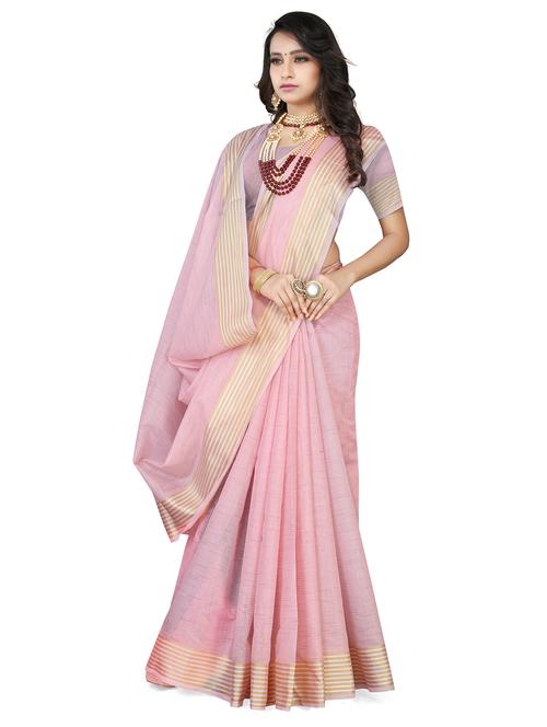pink solid with border woven saree with blouse - 20046787 - Very Small Image - 1