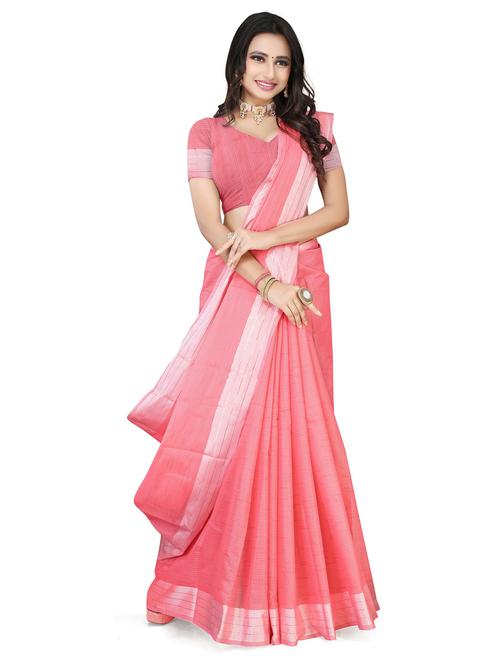 pink solid with border woven saree with blouse - 20046795 - Very Small Image - 1