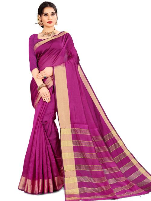 purple solid with border woven saree with blouse - 20046917 - Very Small Image - 1