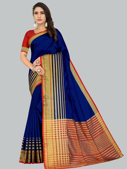 blue solid with border woven saree with blouse - 20047022 - Very Small Image - 1
