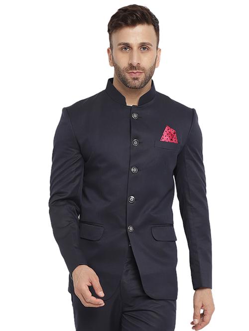 dark blue cotton blend bandhgala - 20051785 - Very Small Image - 1