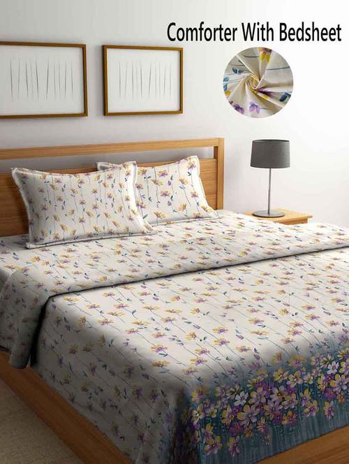 fabinaliv cream floral 350 gsm micro fiber filling comforter bedding set - 20053193 - Very Small Image - 1