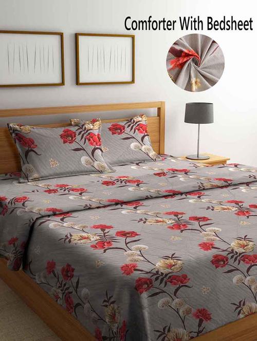 fabinaliv beige floral 350 gsm micro fiber filling comforter bedding set - 20053200 - Very Small Image - 1