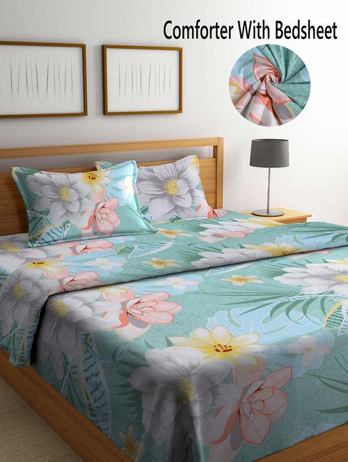 fabinaliv green floral 350 gsm micro fiber filling comforter bedding set - 20053208 - Very Small Image - 1