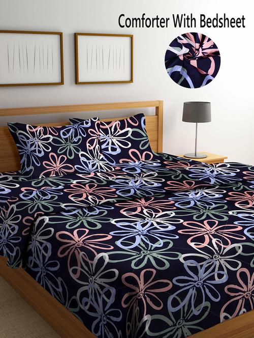 fabinaliv blue floral 350 gsm micro fiber filling comforter bedding set - 20053209 - Very Small Image - 1