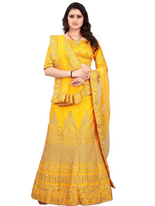 yellow self design unstitched lehenga - 20054094 - Very Small Image - 1