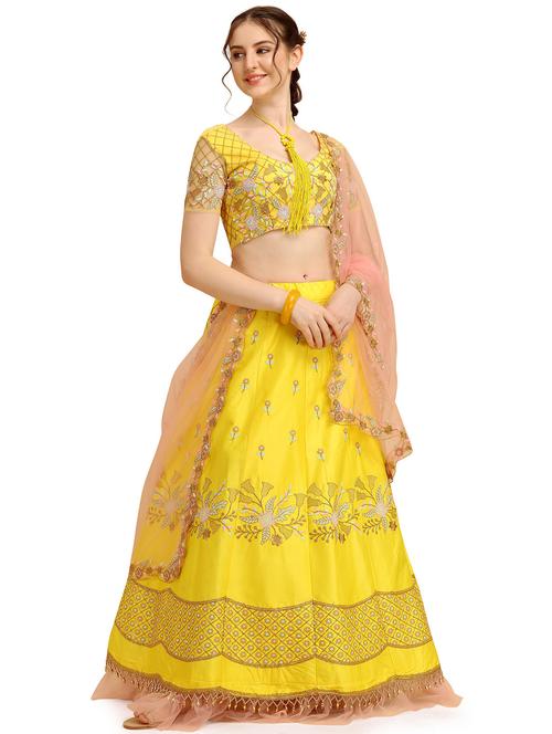 yellow self design unstitched lehenga - 20054106 - Very Small Image - 1