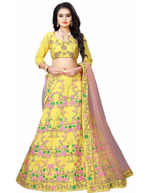 yellow self design unstitched lehenga - 20054133 - Very Small Image - 1
