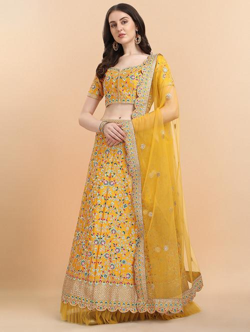 yellow self design unstitched lehenga - 20054216 - Very Small Image - 1