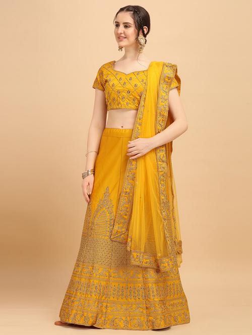 yellow self design unstitched lehenga - 20054226 - Very Small Image - 1