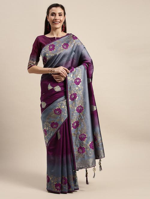 purple embroiderd banarasi saree with blouse - 20054322 - Very Small Image - 1
