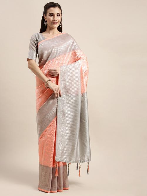 peach banarasi saree with blouse - 20054341 - Very Small Image - 1