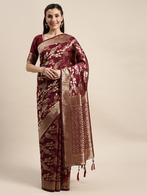 maroon banarasi saree with blouse - 20054348 - Very Small Image - 1