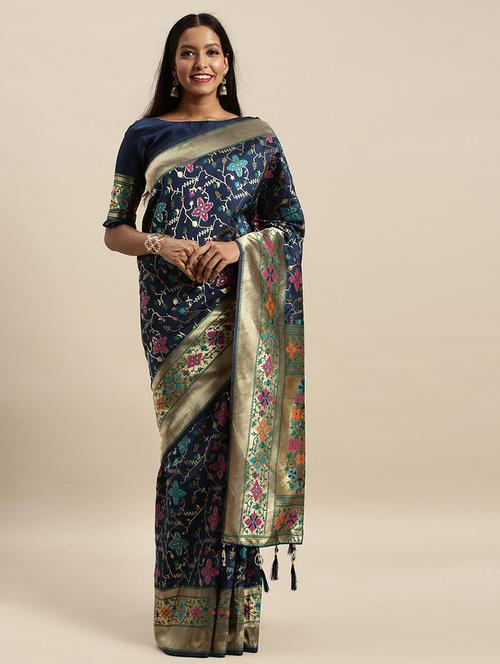 blue banarasi saree with blouse - 20054353 - Very Small Image - 1