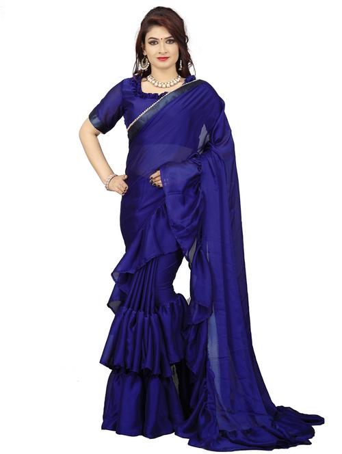 blue self design plain saree with blouse - 20054362 - Very Small Image - 1