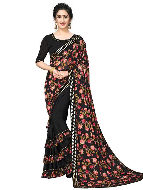black floral printed saree with blouse - 20054399 - Very Small Image - 1