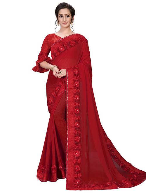 red self design plain saree with blouse - 20054415 - Very Small Image - 1