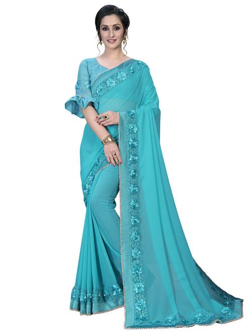 blue self design plain saree with blouse - 20054419 - Very Small Image - 1