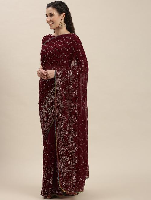 maroon self design saree with blouse - 20054453 - Very Small Image - 1