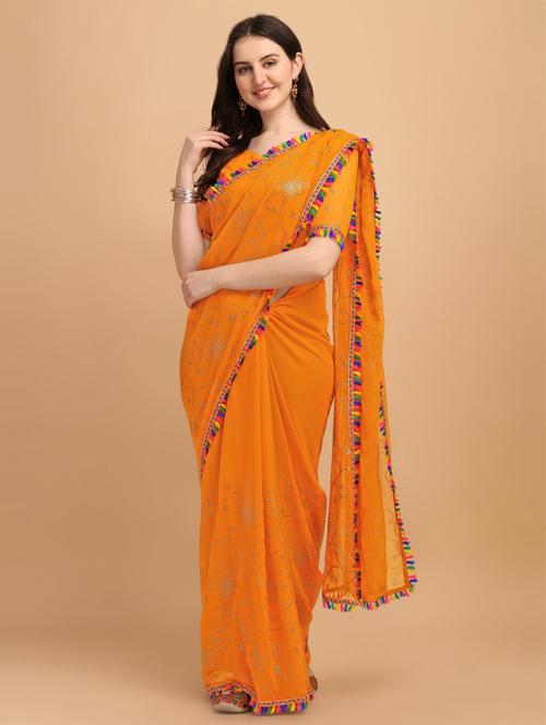 yellow self design saree with blouse - 20054468 - Very Small Image - 1