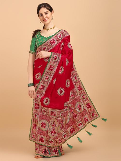 red satin saree - 20054499 - Very Small Image - 1