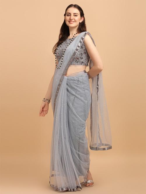 grey self design net saree with blouse - 20054505 - Very Small Image - 1